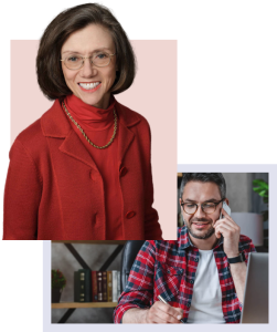 Photo of Marie G. McIntyre, Ph.D stacked atop another photo of a man with grey hair and a plaid shirt sitting before a laptop, on his cell phone. He is taking notes.