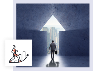 A person walking through an arrow-shaped opening with a briefcase.